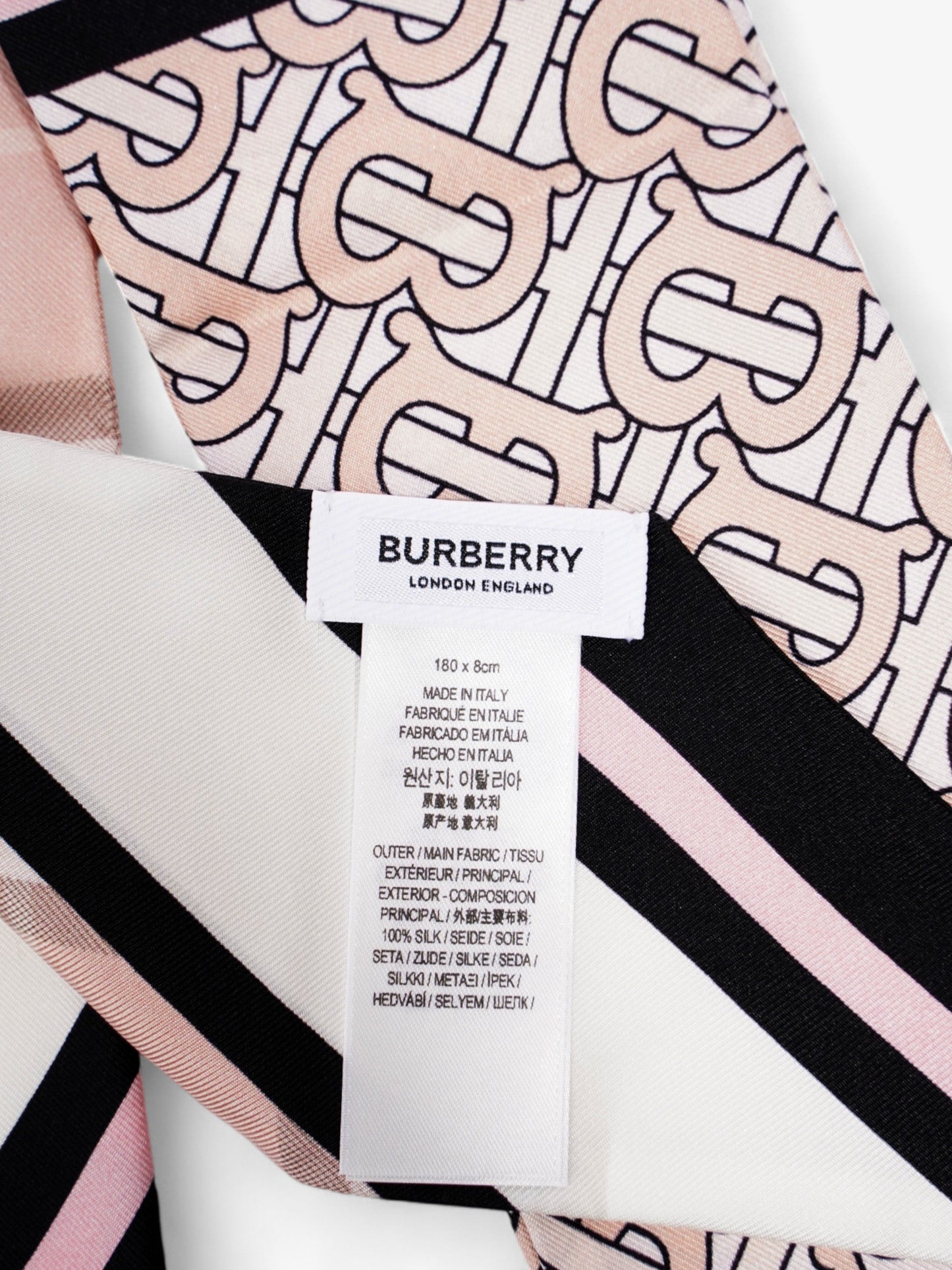 Burberry Triple Check Monogram Stripe Skinny Scarf Blush Silk