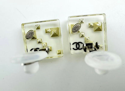 Chanel Vintage 05A Rhinestone Acrylic Transparent Square Earrings