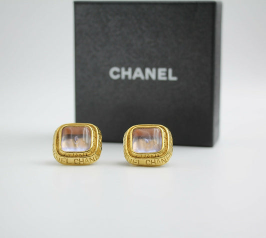 Chanel Vintage 96P Gripoix Gold-plated Fantasy Pink & Purple Square Clip-on Earrings