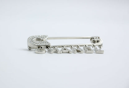 Chanel B18P Rhinestone Metal Thick ‘CHANEL’ Brooch