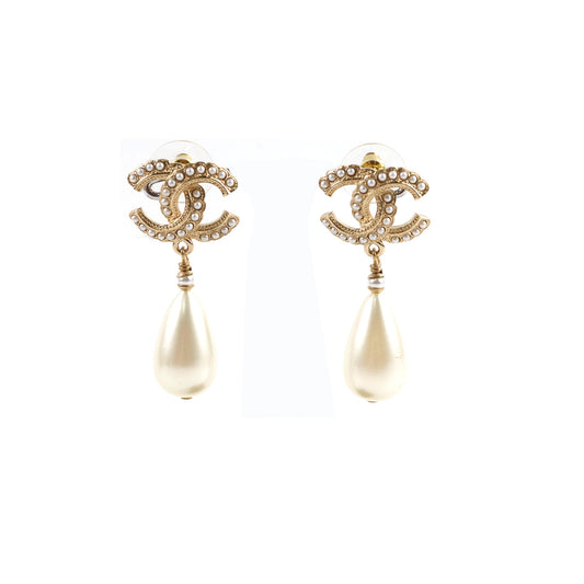Chanel pearl CC Tear Drop Earrings