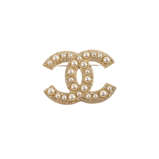 Chanel CC Logo Gold Pearl Rhinestone Brooch Costume Jewellery