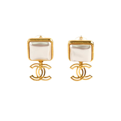 Chanel Square Pearl Drop CC Earrings