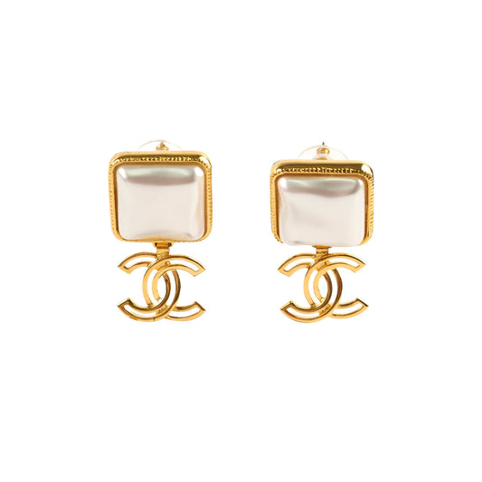 Chanel Square Pearl Drop CC Earrings