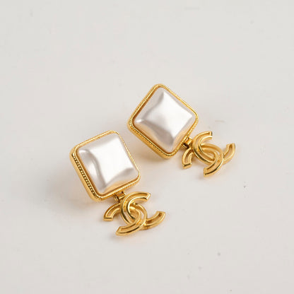 Chanel Square Pearl Drop CC Earrings