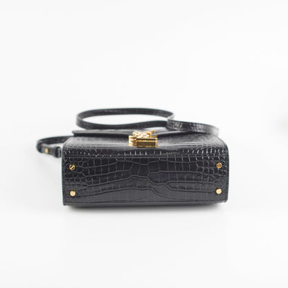 Saint Laurent Cassandre Mini Top Handle Croc Embossed Black