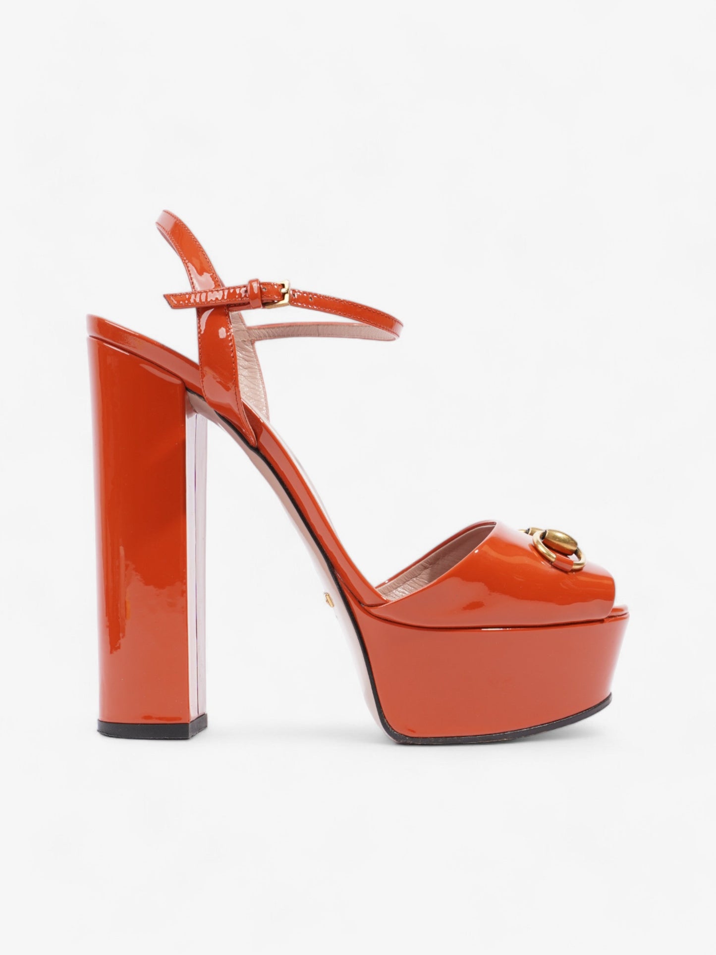 Gucci Horsebit Platform Sandals 15.5cm Orange Patent Leather EU 39 UK 6