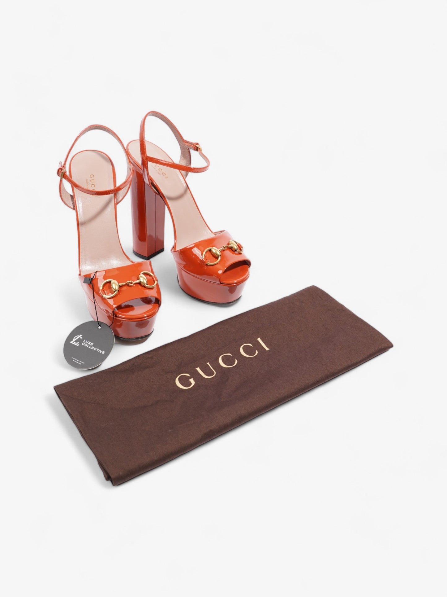 Gucci Horsebit Platform Sandals 15.5cm Orange Patent Leather EU 39 UK 6