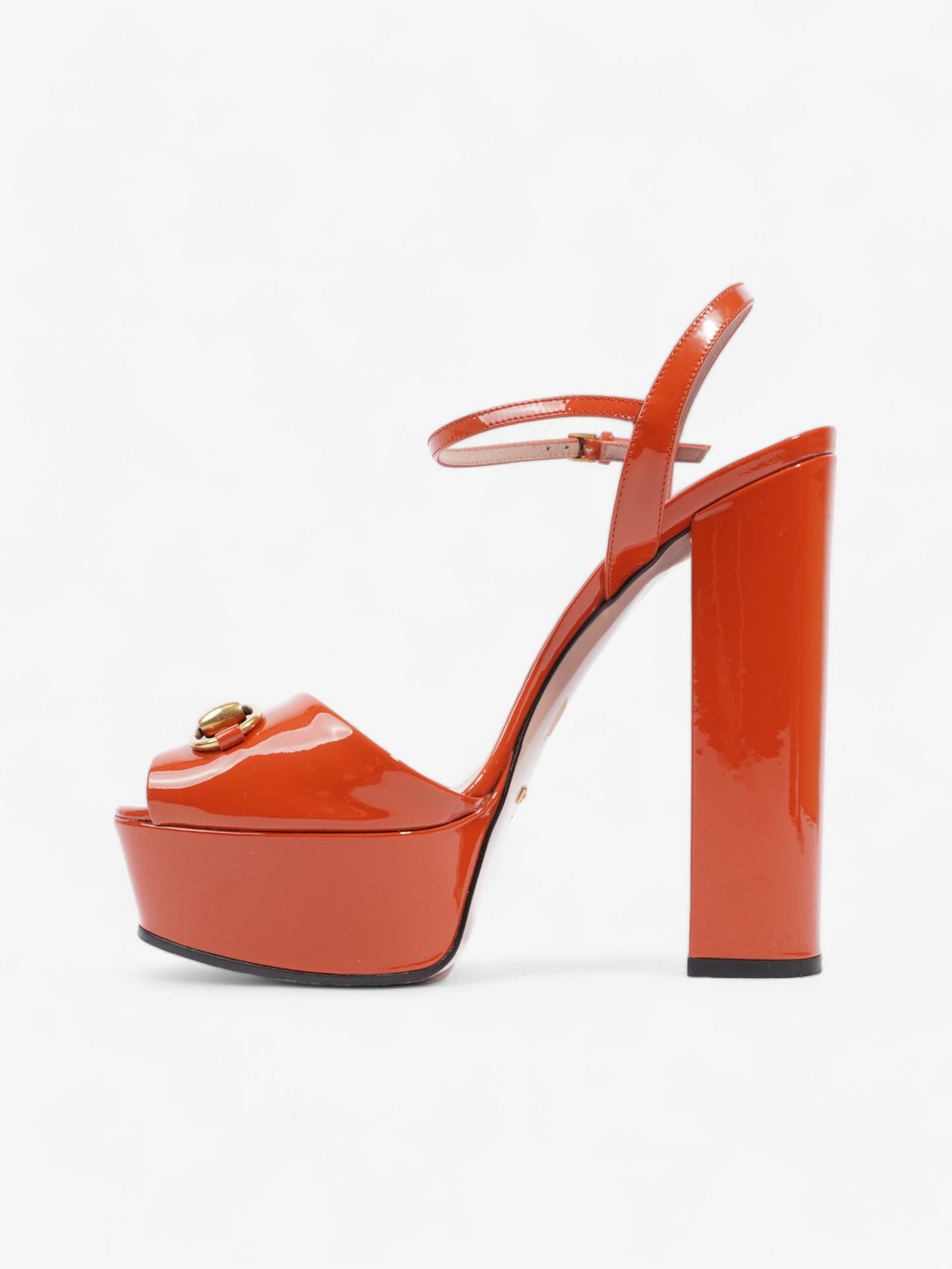 Gucci Horsebit Platform Sandals 15.5cm Orange Patent Leather EU 39 UK 6