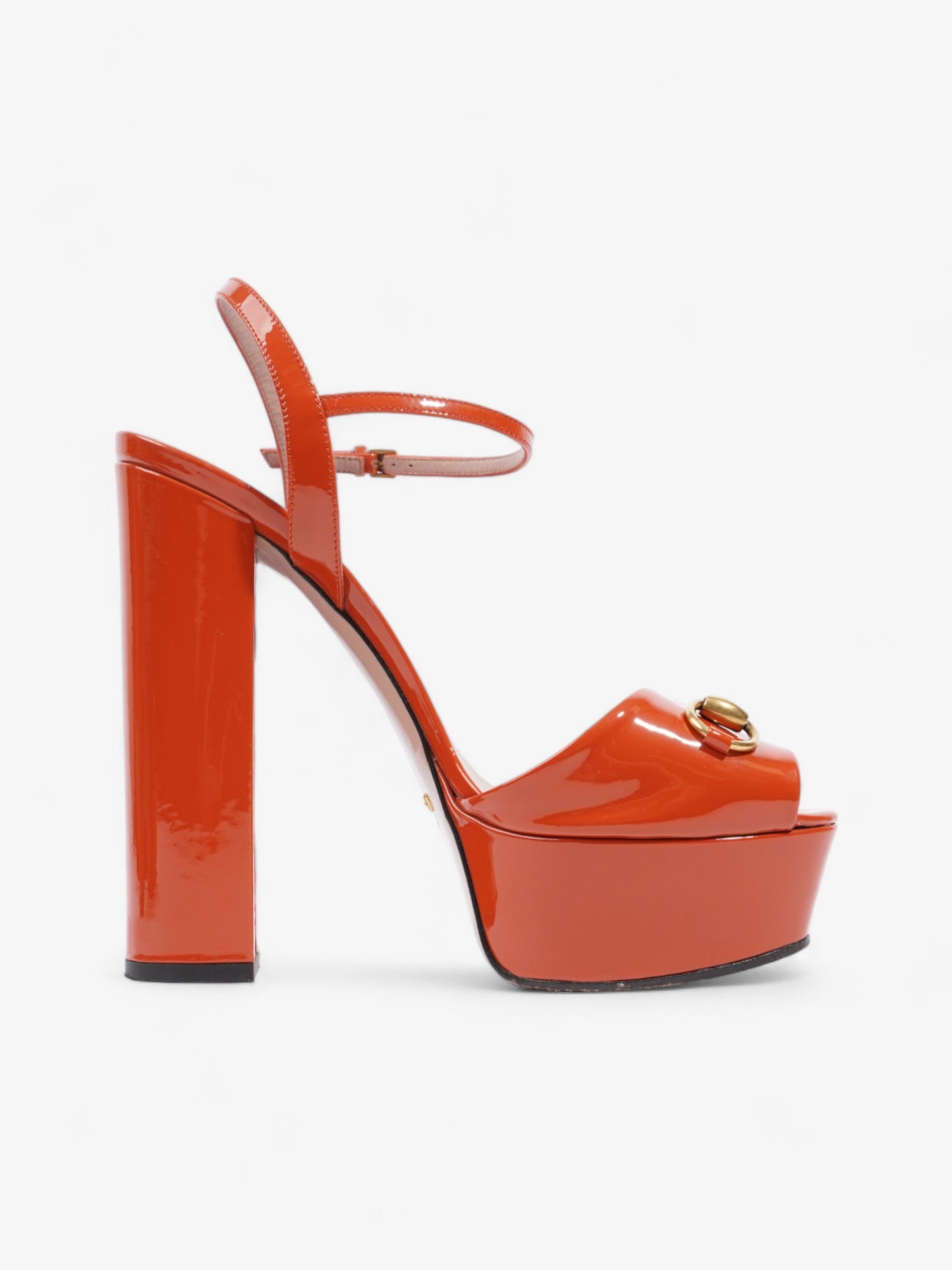 Gucci Horsebit Platform Sandals 15.5cm Orange Patent Leather EU 39 UK 6