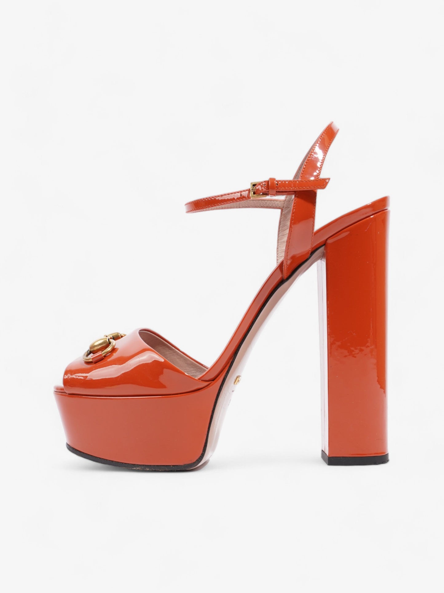 Gucci Horsebit Platform Sandals 15.5cm Orange Patent Leather EU 39 UK 6