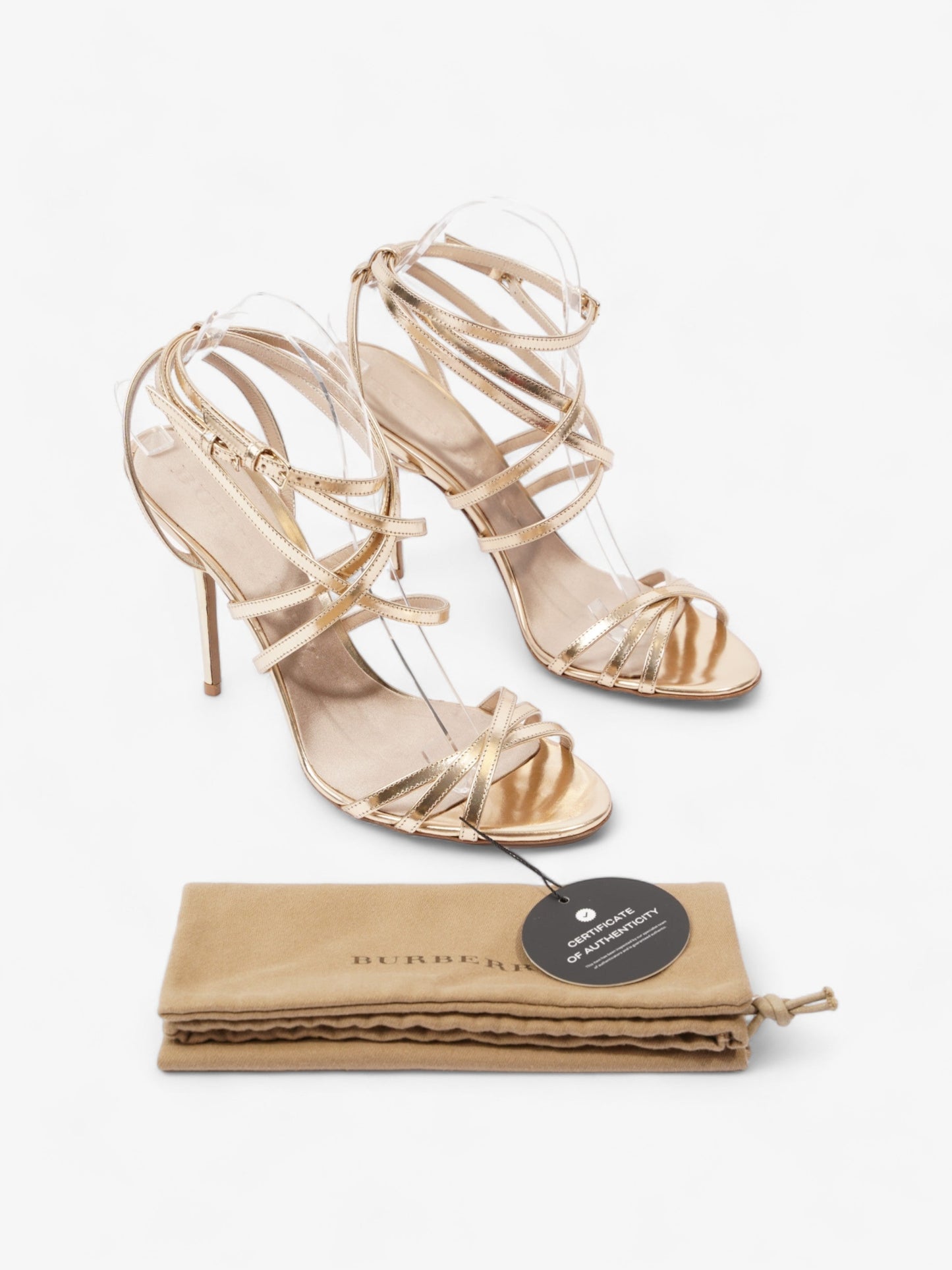 Burberry Strappy Heels 80mm Gold Patent Leather EU 41 UK 8