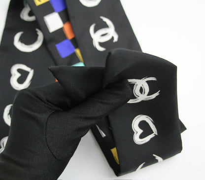 CHANEL 100% Silk Twilly Checkered Pattern CC Logo Scarf in Black and Multicolour
