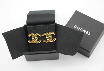 Chanel B19A Metal Square Embossed Gold CC Earrings