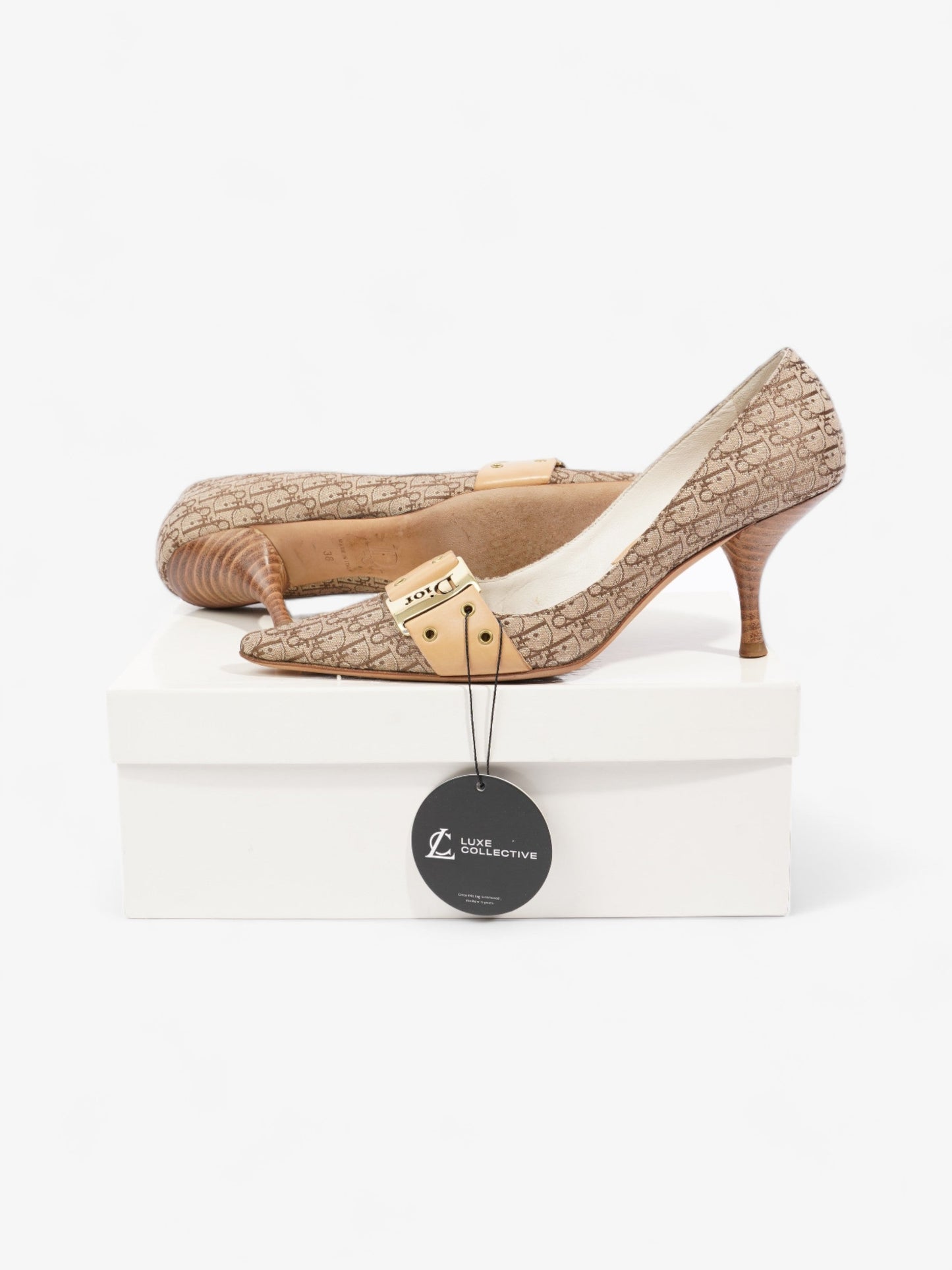 Christian Dior Buckle Logo Heels 70mm Beige Canvas EU 38 UK 5