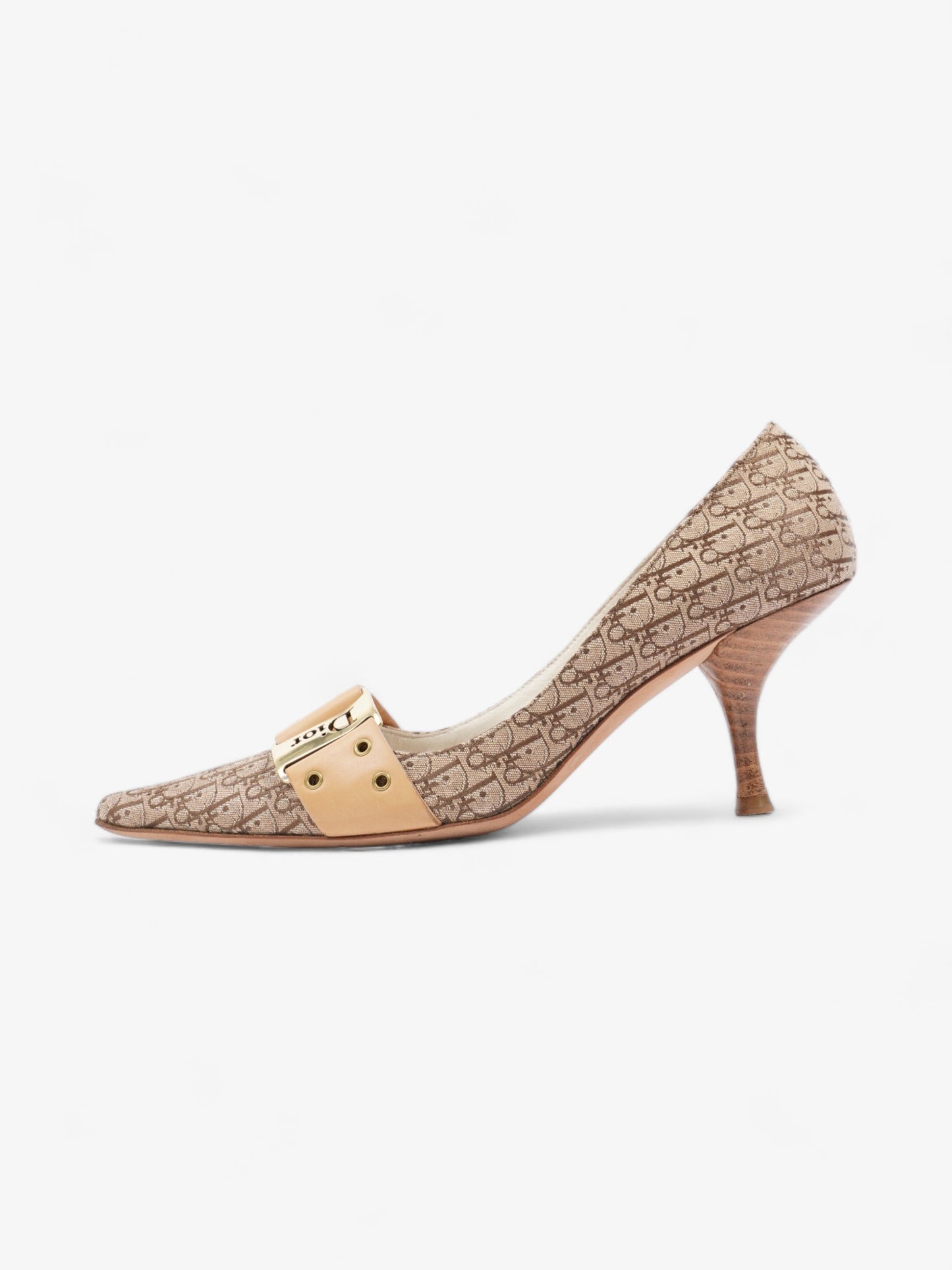 Christian Dior Buckle Logo Heels 70mm Beige Canvas EU 38 UK 5