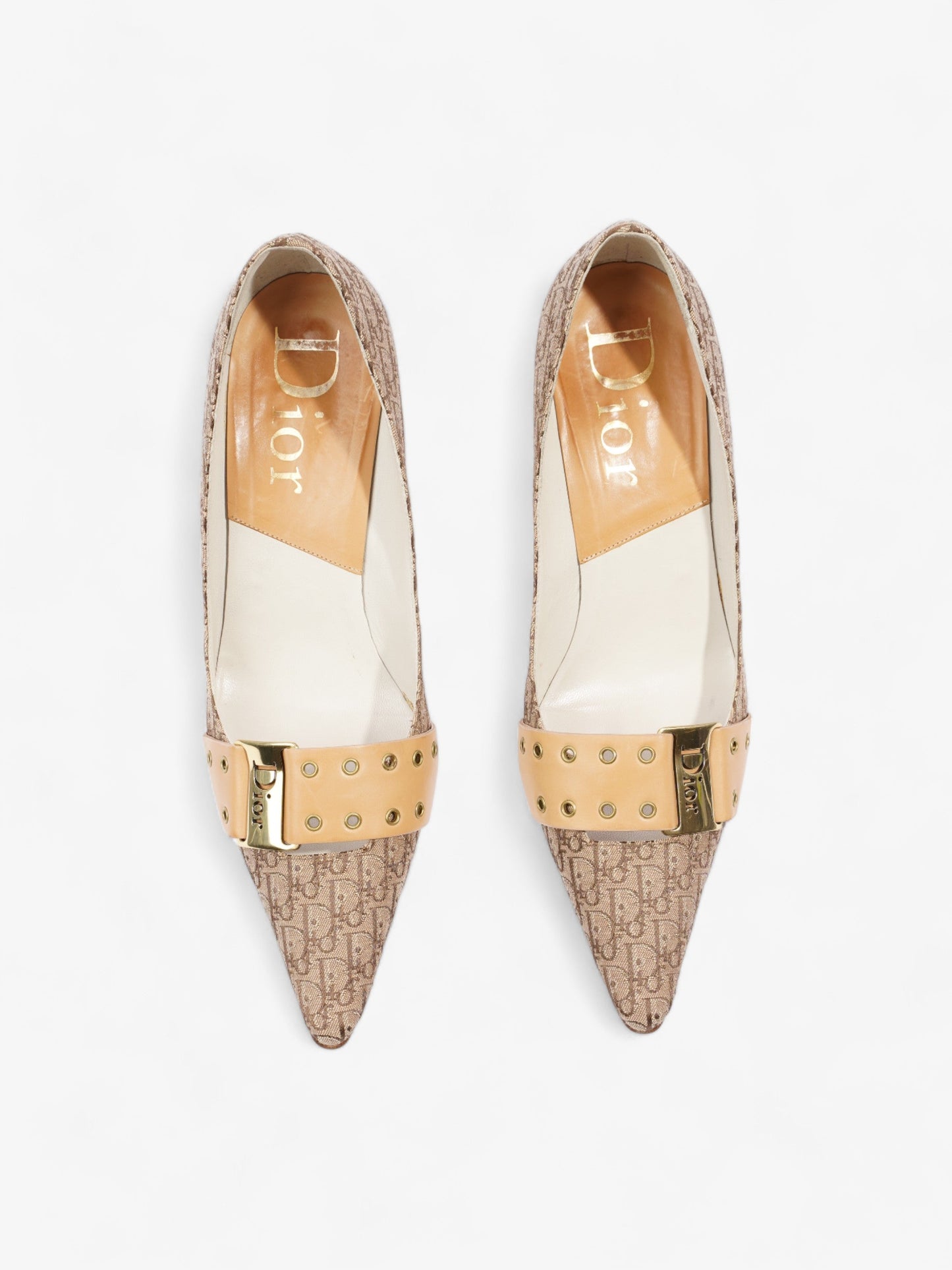 Christian Dior Buckle Logo Heels 70mm Beige Canvas EU 38 UK 5