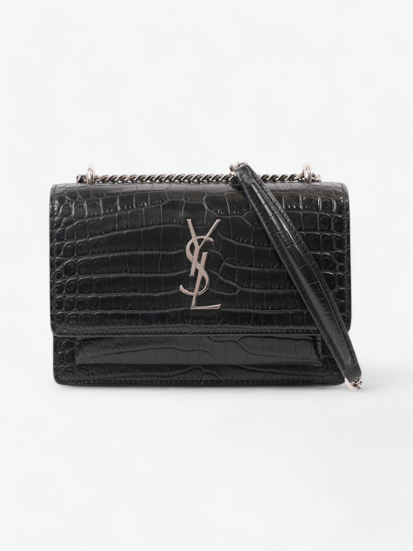 Saint Laurent Sunset Chain Wallet Black Embossed Leather