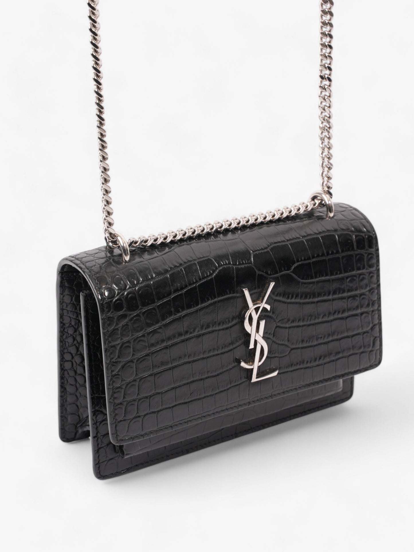 Saint Laurent Sunset Chain Wallet Black Embossed Leather