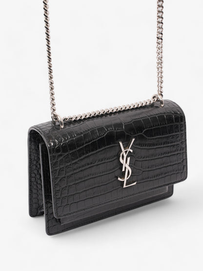 Saint Laurent Sunset Chain Wallet Black Embossed Leather