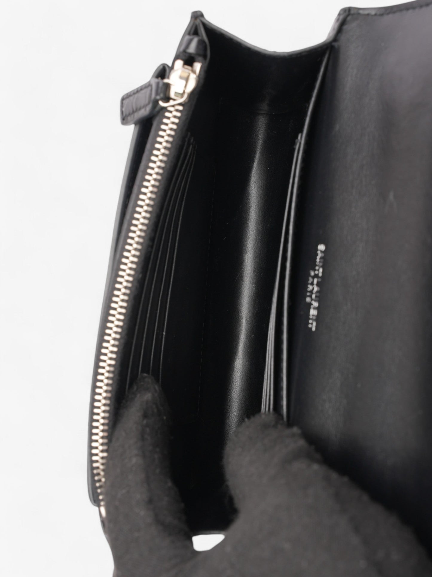 Saint Laurent Sunset Chain Wallet Black Embossed Leather