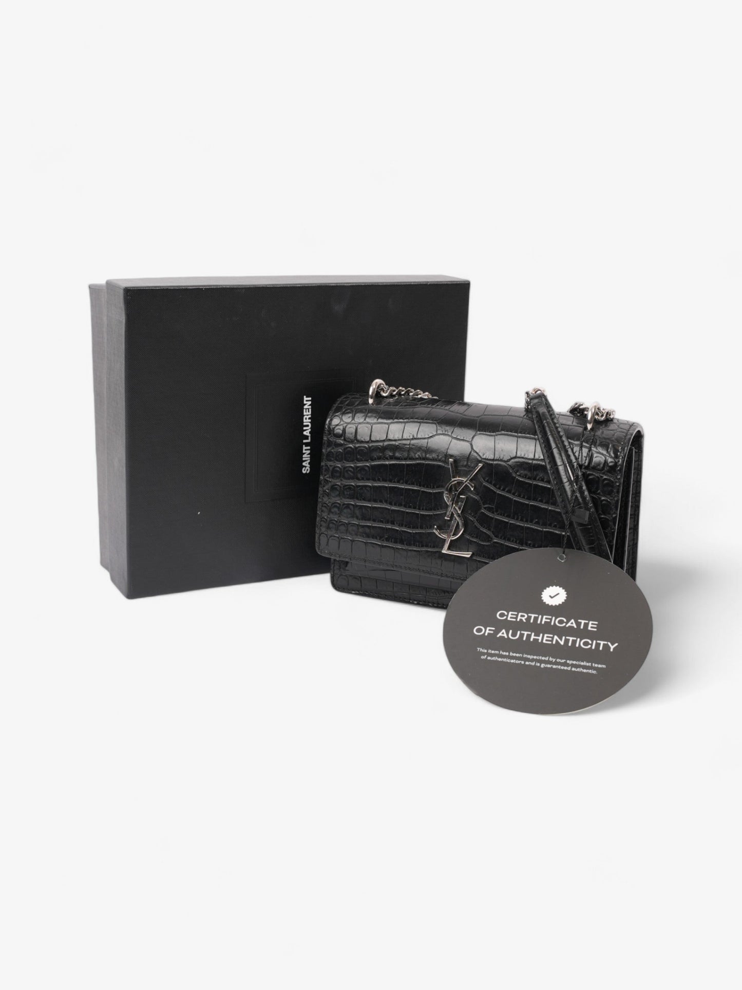 Saint Laurent Sunset Chain Wallet Black Embossed Leather