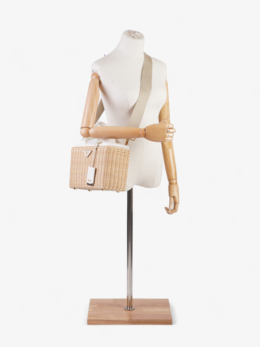 Prada Medium Wicker And Linen Blend Tote Tan / White Wicker