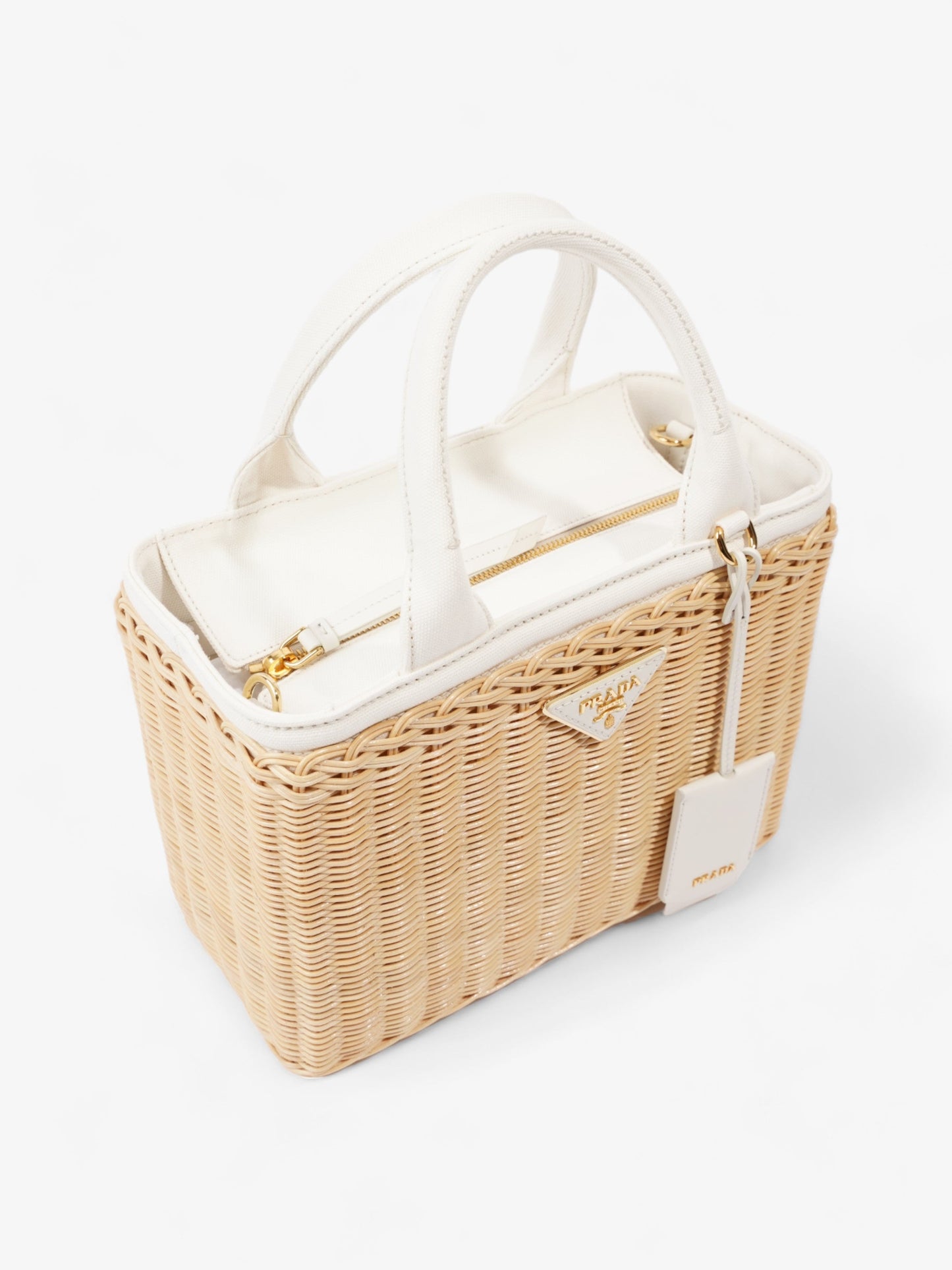 Prada Medium Wicker And Linen Blend Tote Tan / White Wicker