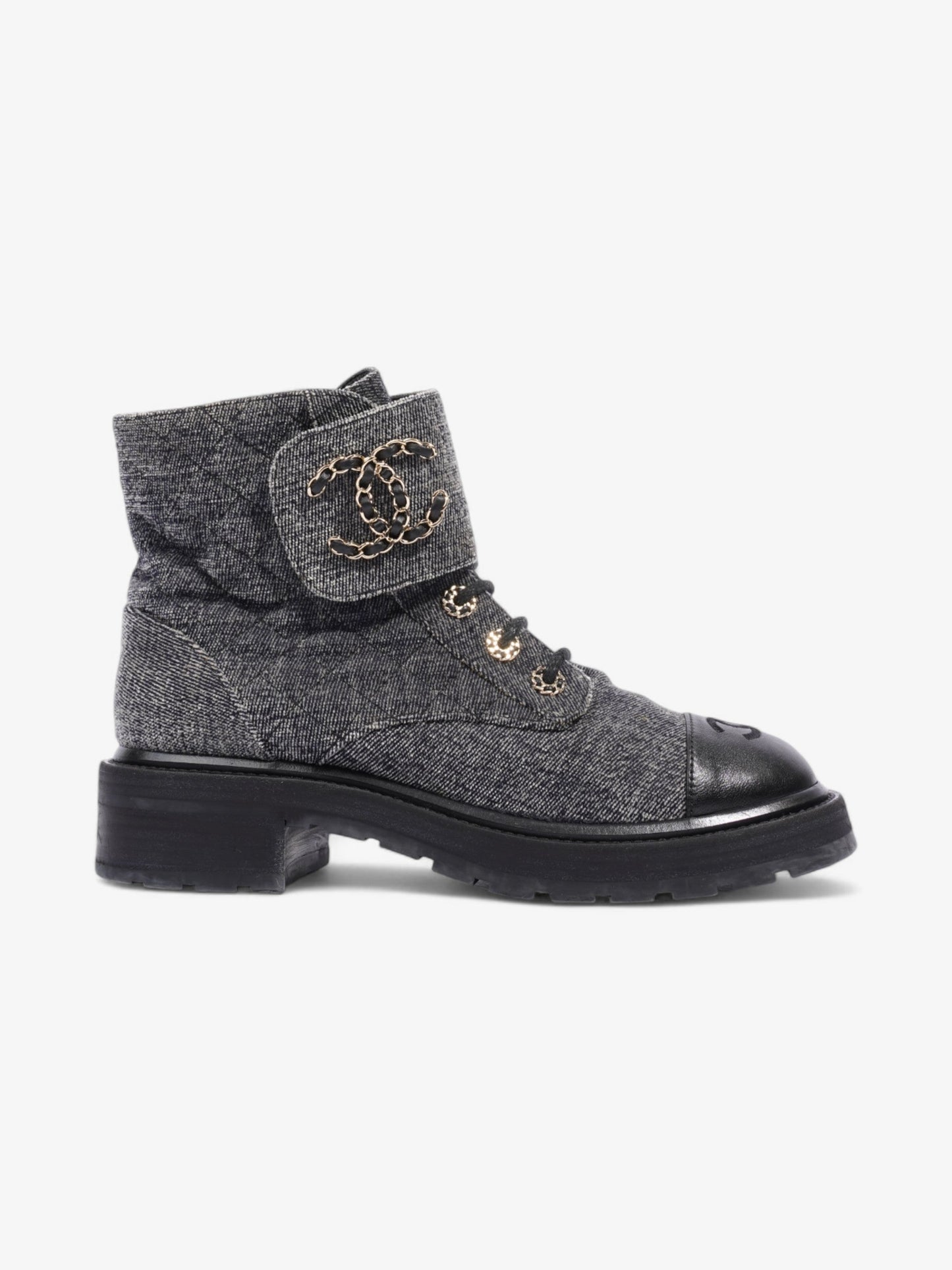 Chanel CC Toe Cap Lace Up Boots Navy / White / Black Cloth EU 39.5 UK 6.5