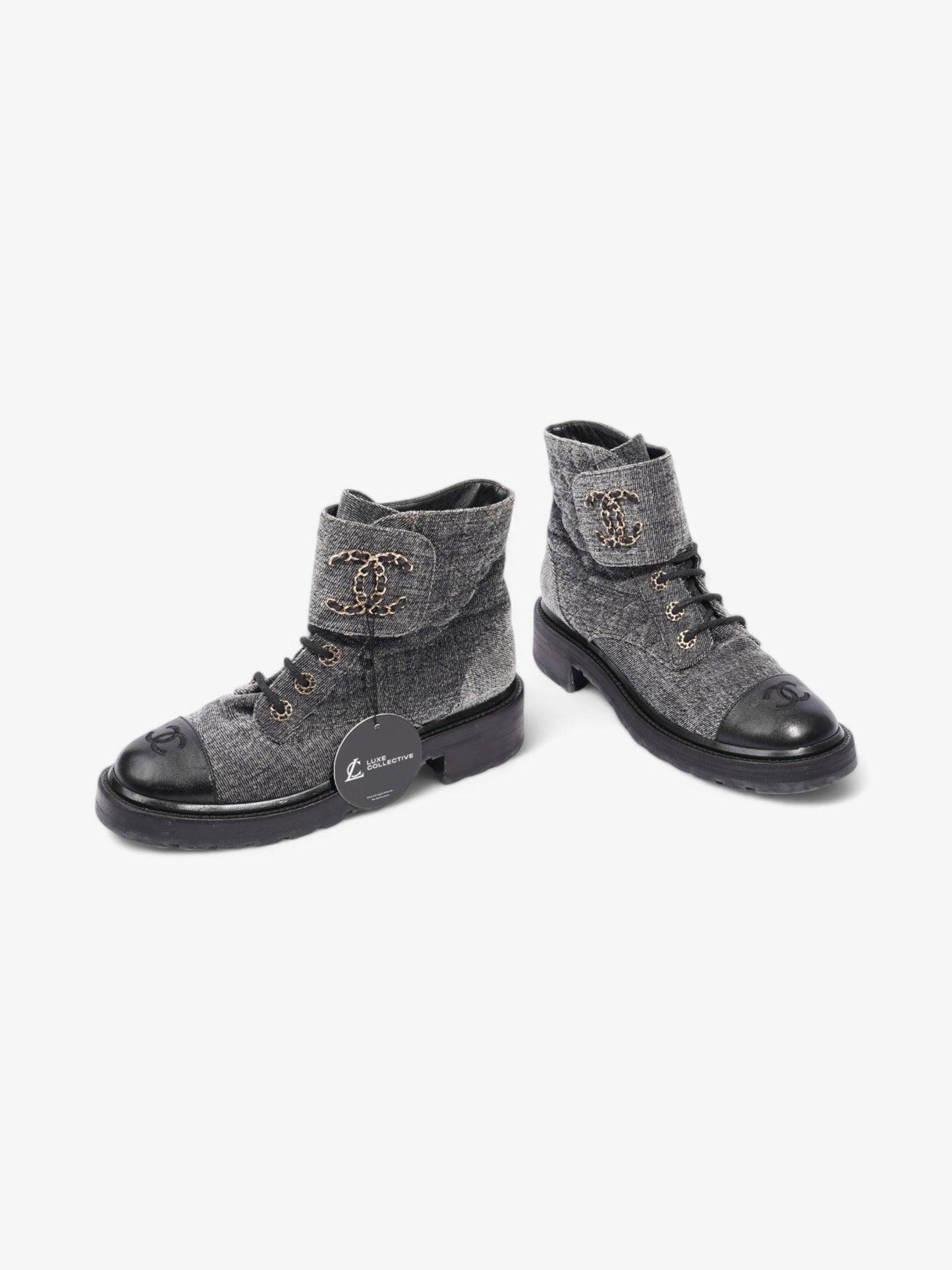 Chanel CC Toe Cap Lace Up Boots Navy / White / Black Cloth EU 39.5 UK 6.5