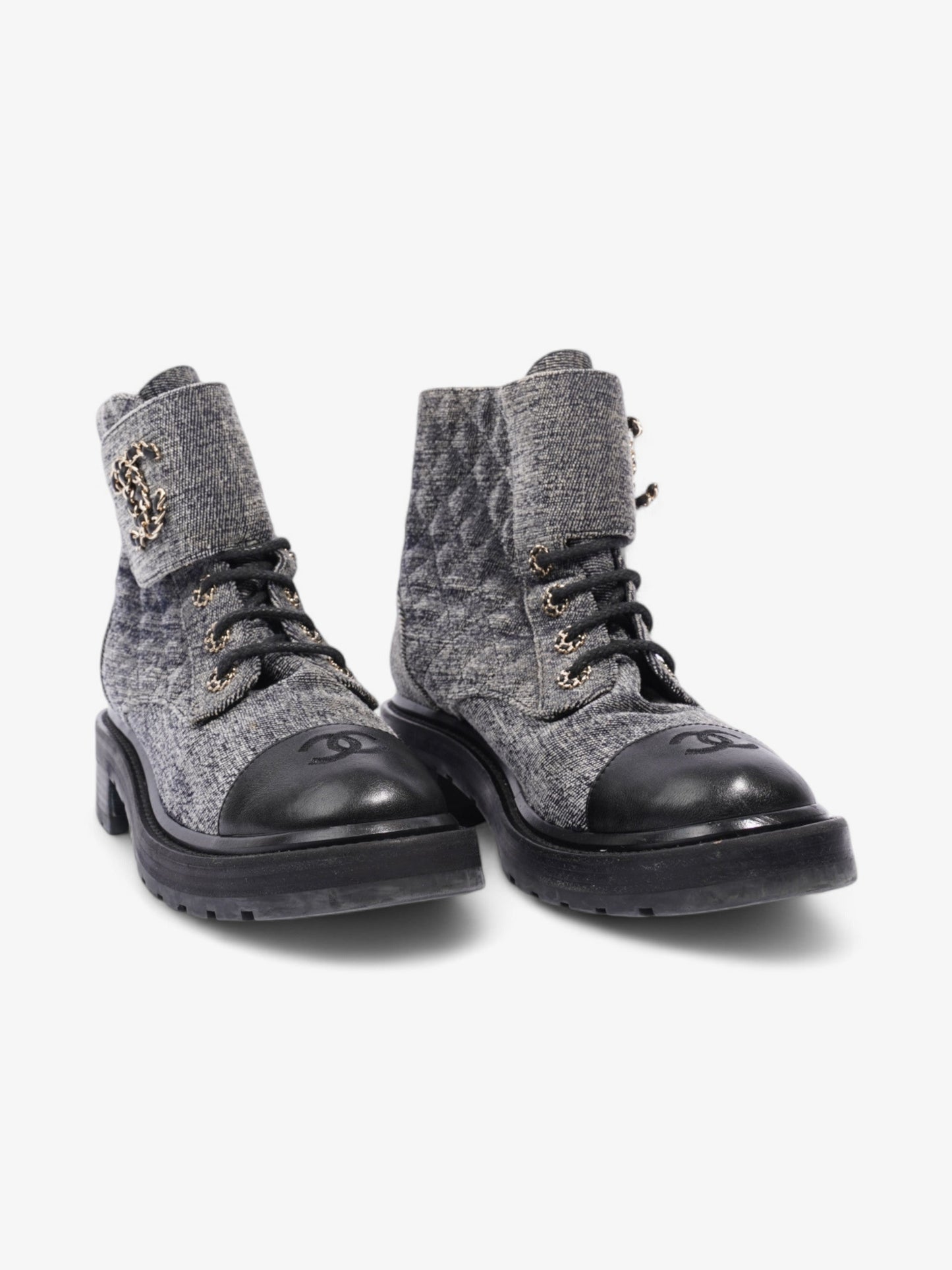 Chanel CC Toe Cap Lace Up Boots Navy / White / Black Cloth EU 39.5 UK 6.5