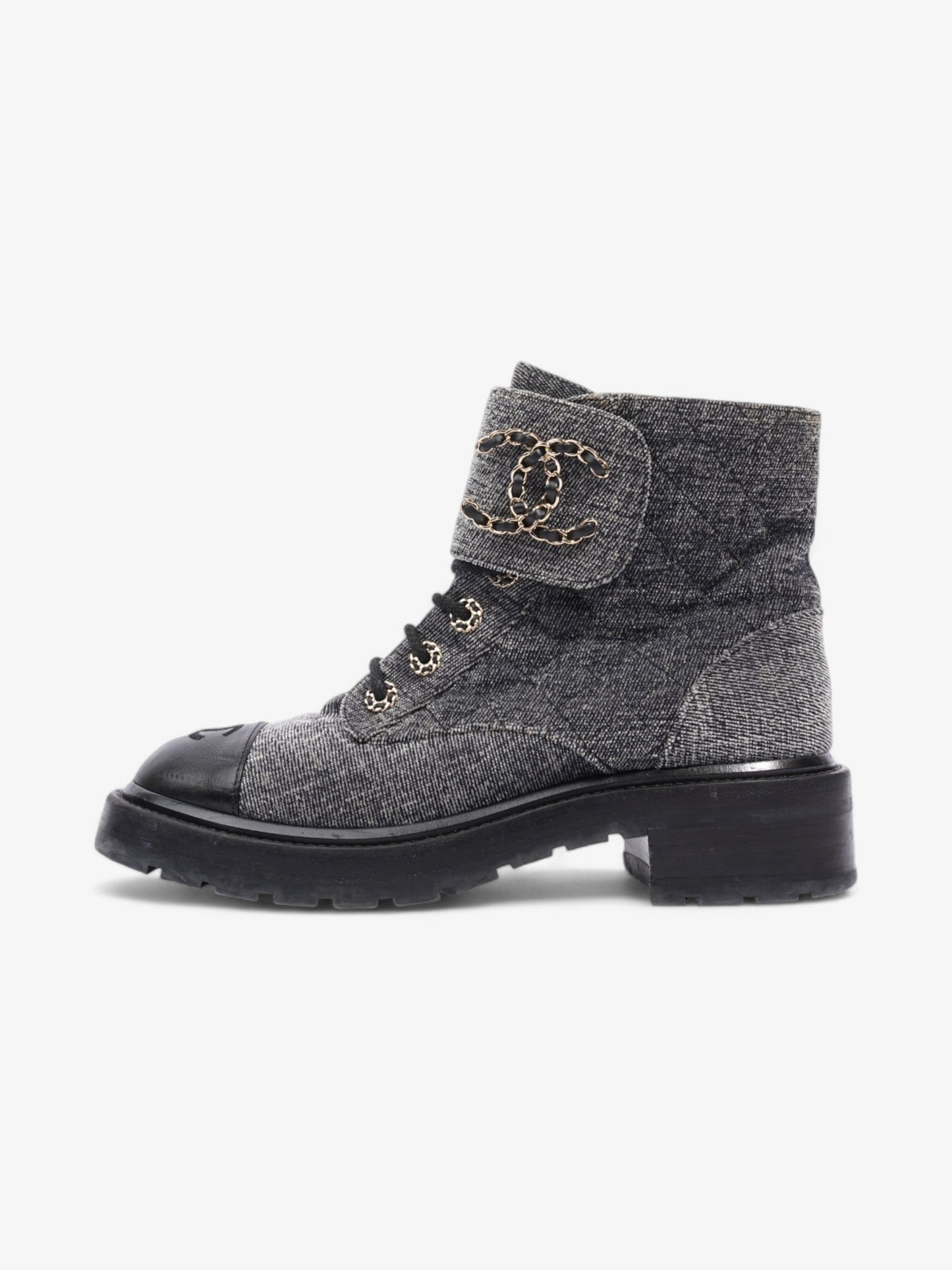 Chanel CC Toe Cap Lace Up Boots Navy / White / Black Cloth EU 39.5 UK 6.5