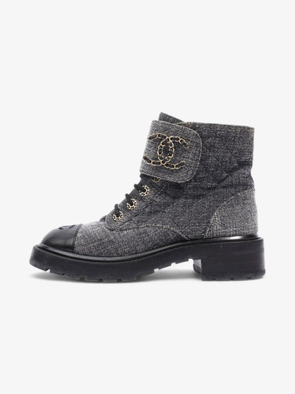 Chanel CC Toe Cap Lace Up Boots Navy / White / Black Cloth EU 39.5 UK 6.5