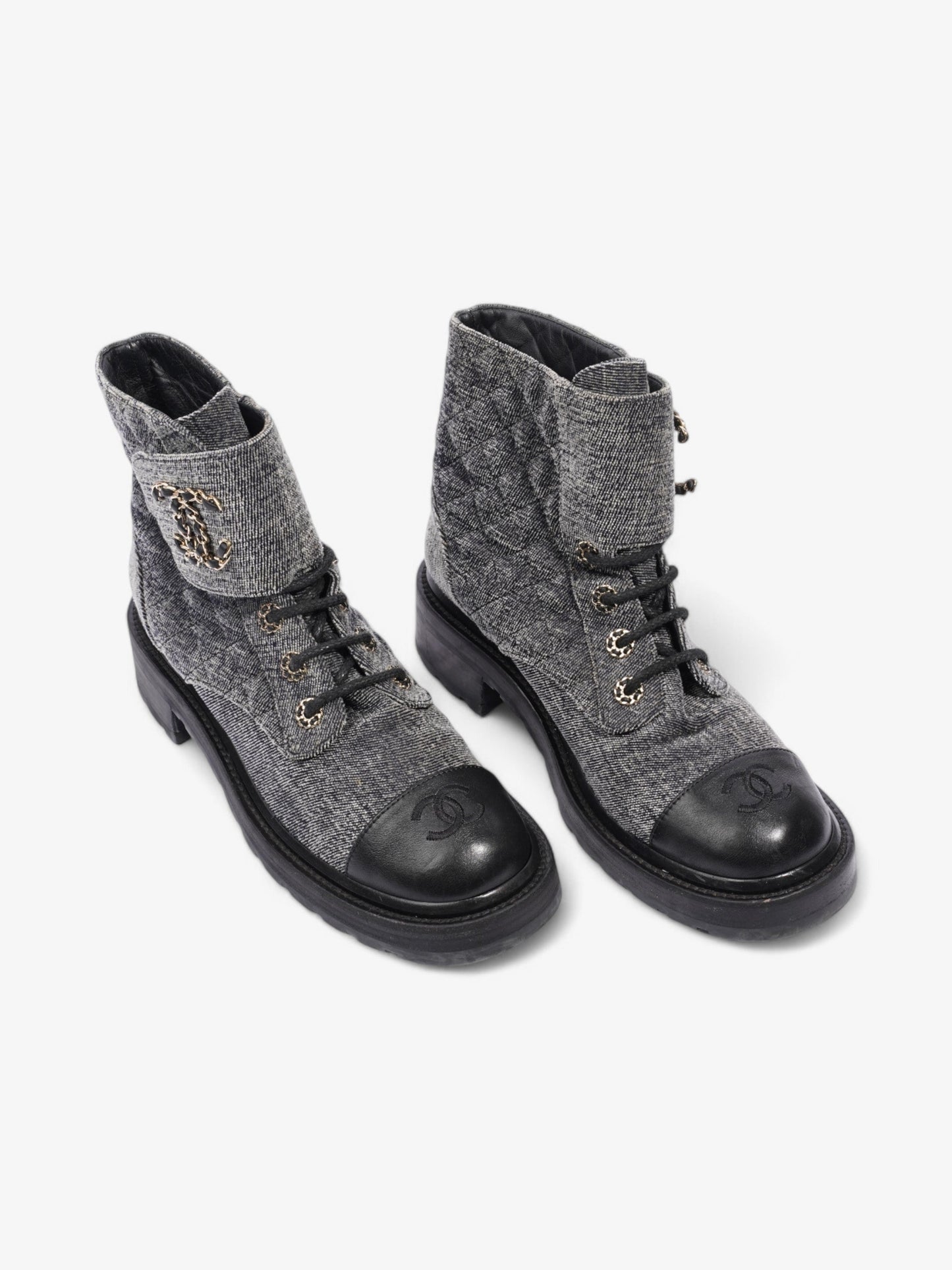 Chanel CC Toe Cap Lace Up Boots Navy / White / Black Cloth EU 39.5 UK 6.5