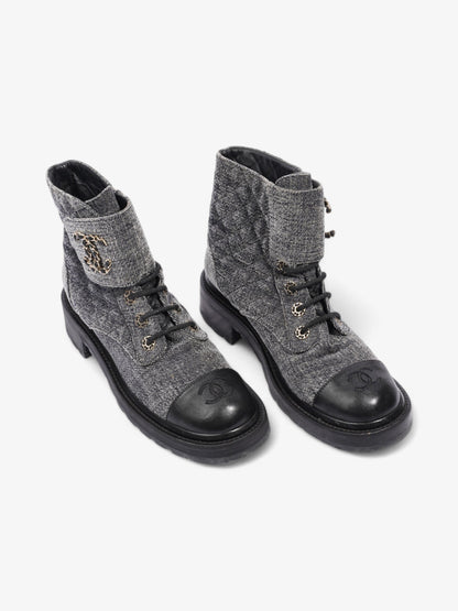 Chanel CC Toe Cap Lace Up Boots Navy / White / Black Cloth EU 39.5 UK 6.5