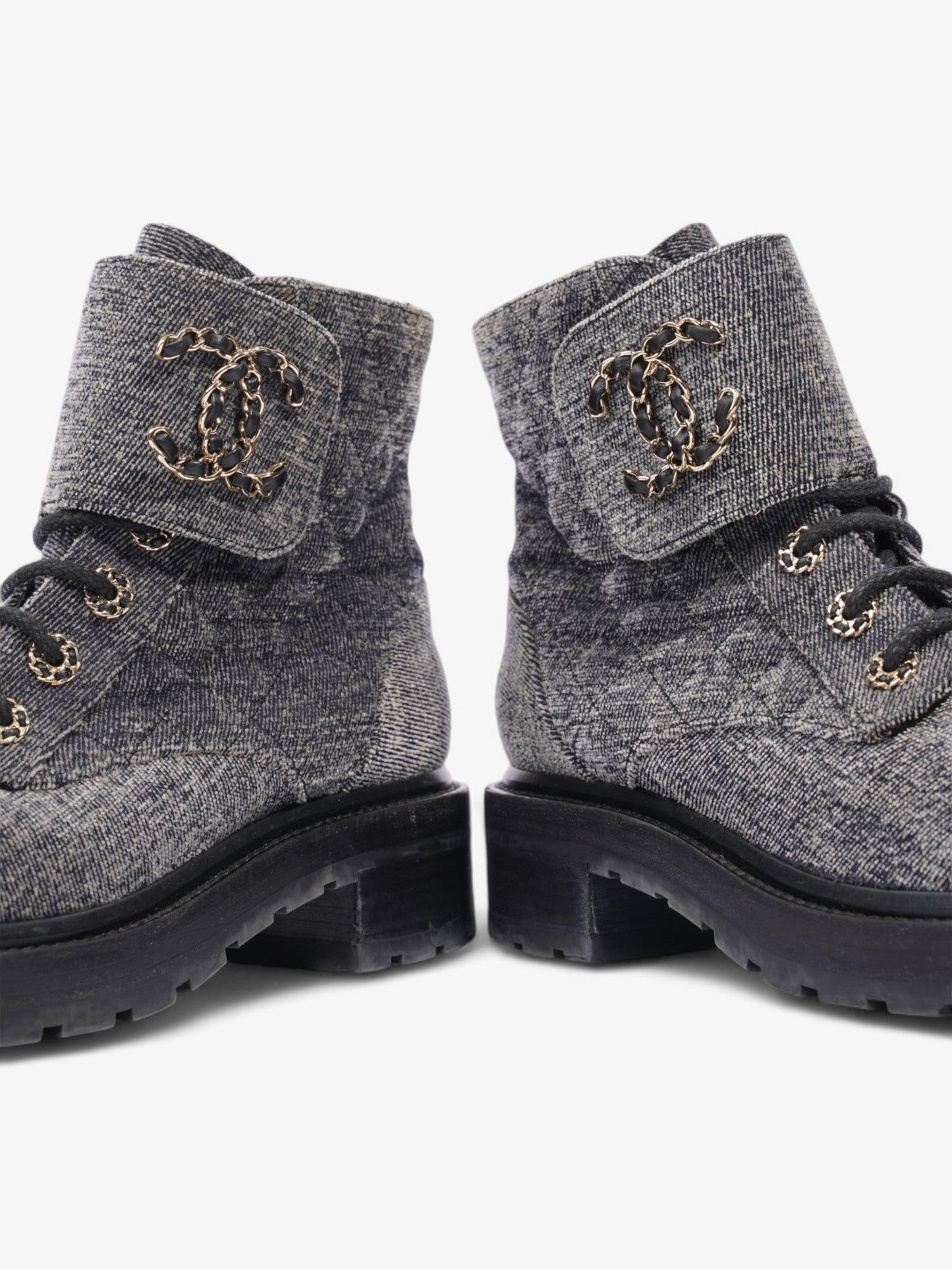 Chanel CC Toe Cap Lace Up Boots Navy / White / Black Cloth EU 39.5 UK 6.5