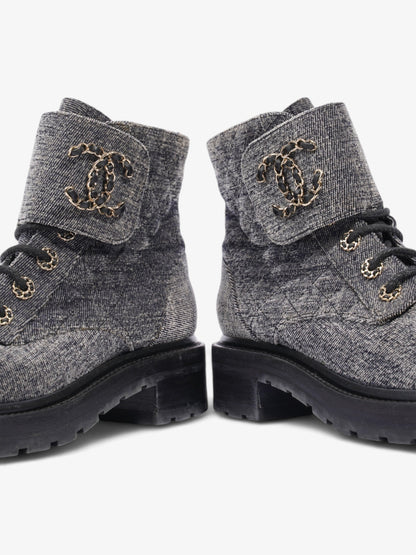 Chanel CC Toe Cap Lace Up Boots Navy / White / Black Cloth EU 39.5 UK 6.5