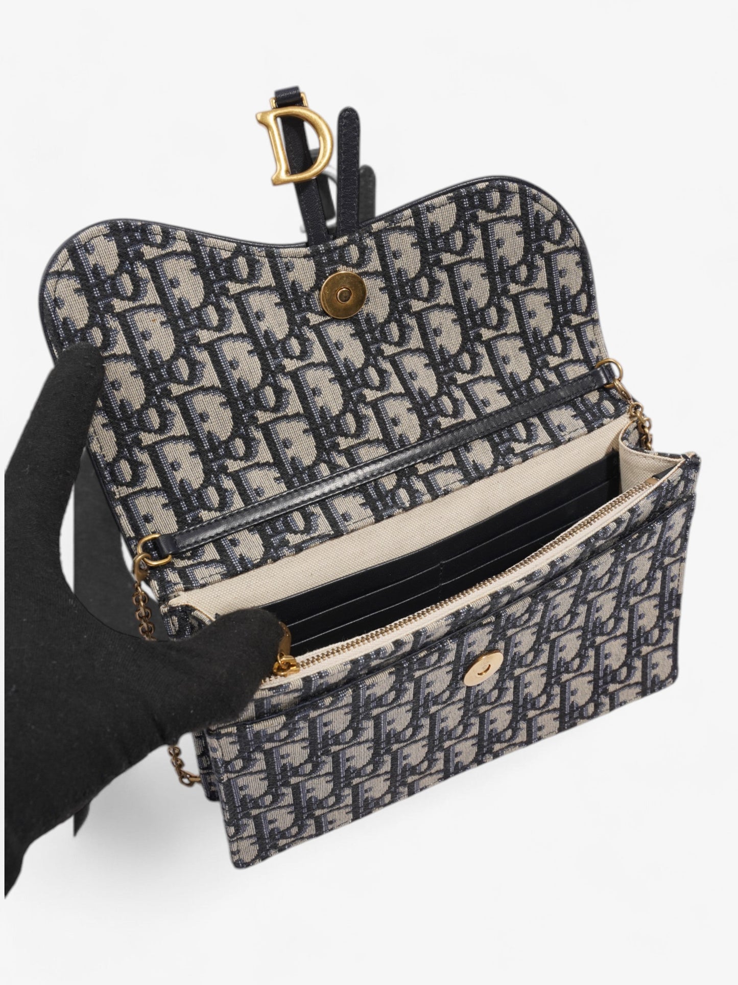 Christian Dior Saddle Pouch with Chain Blue Oblique Cotton Medium