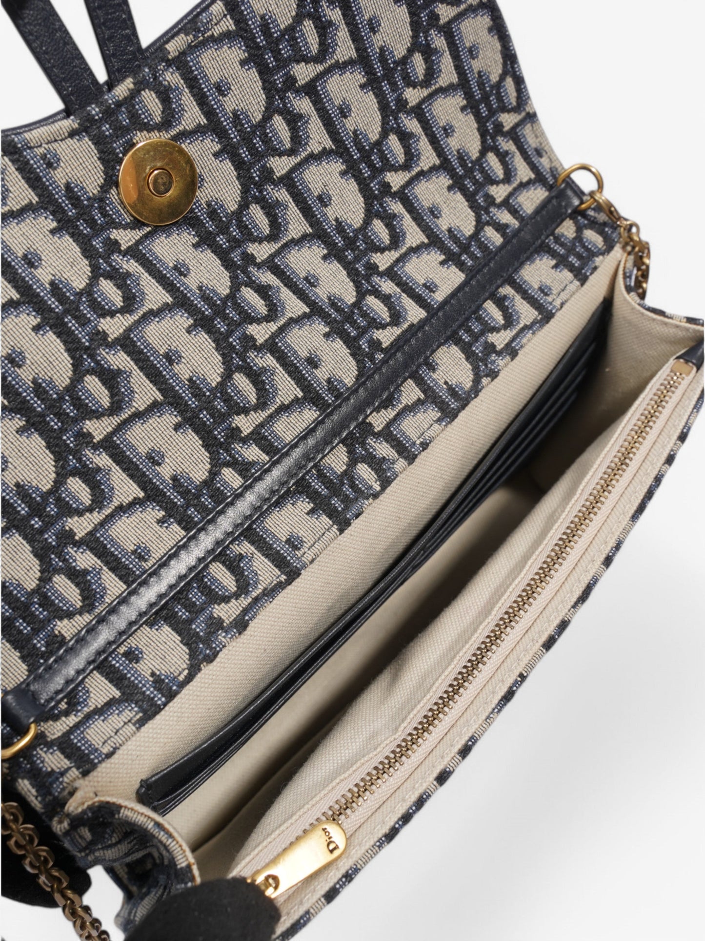 Christian Dior Saddle Pouch with Chain Blue Oblique Cotton Medium