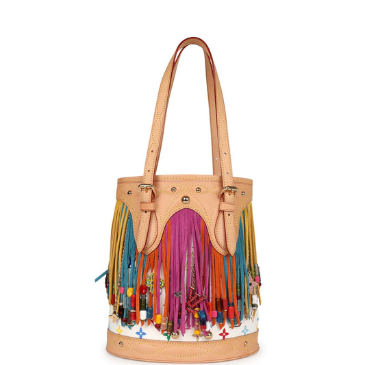 Louis Vuitton Vintage White Multicolor Fringe Bucket Bag