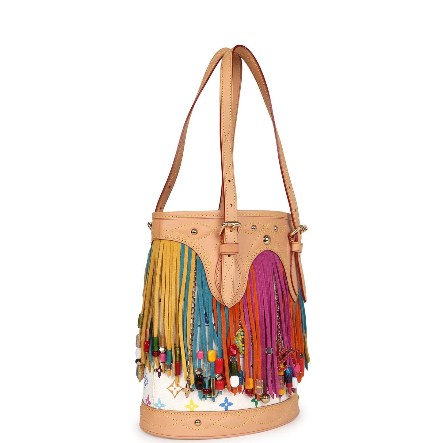 Louis Vuitton Vintage White Multicolor Fringe Bucket Bag