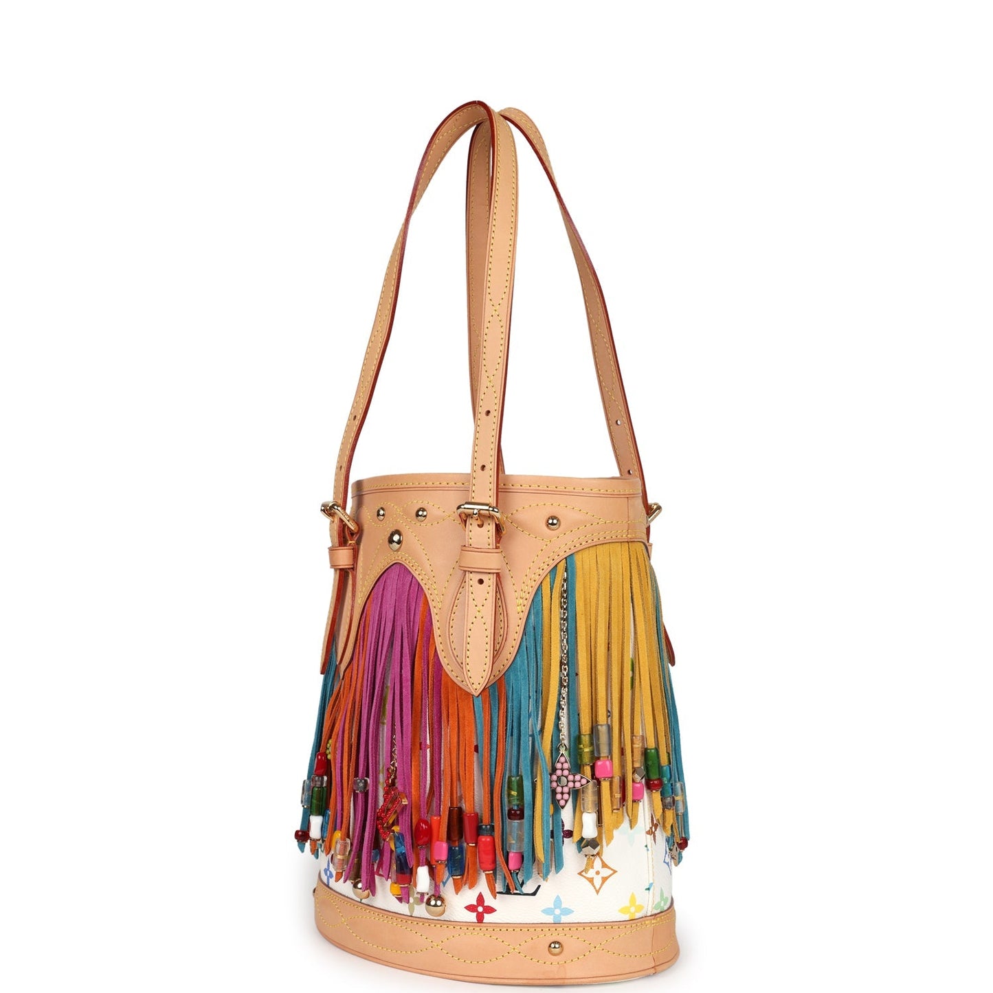 Louis Vuitton Vintage White Multicolor Fringe Bucket Bag