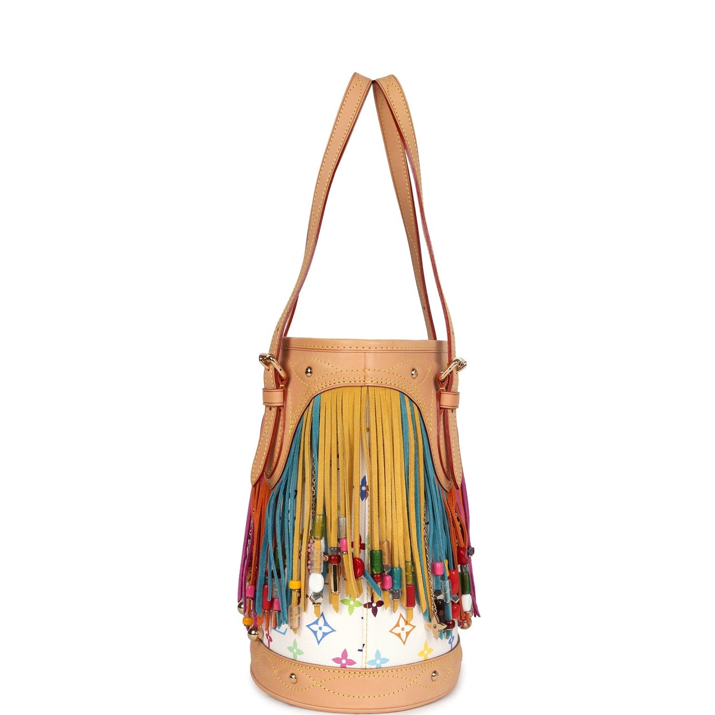 Louis Vuitton Vintage White Multicolor Fringe Bucket Bag