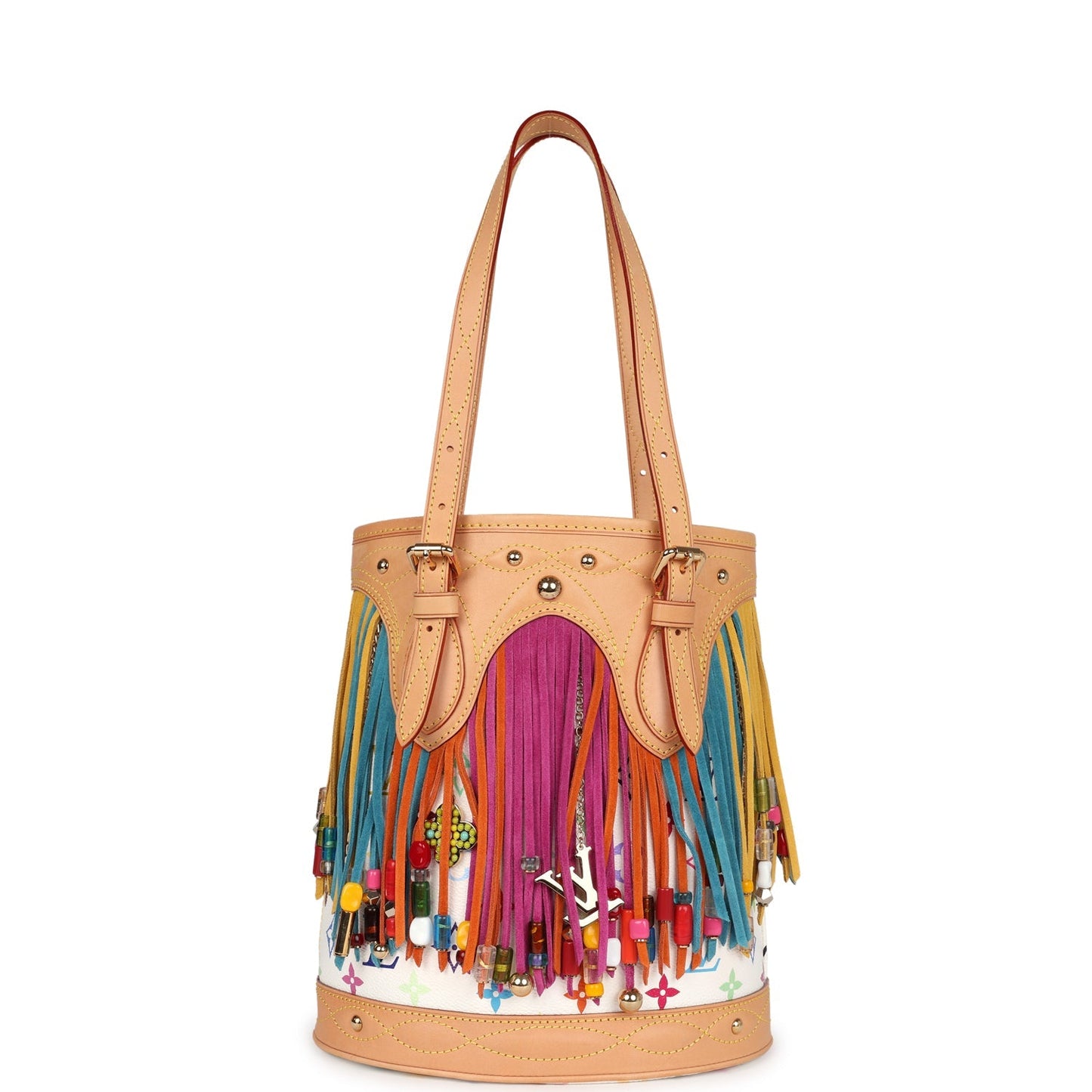 Louis Vuitton Vintage White Multicolor Fringe Bucket Bag