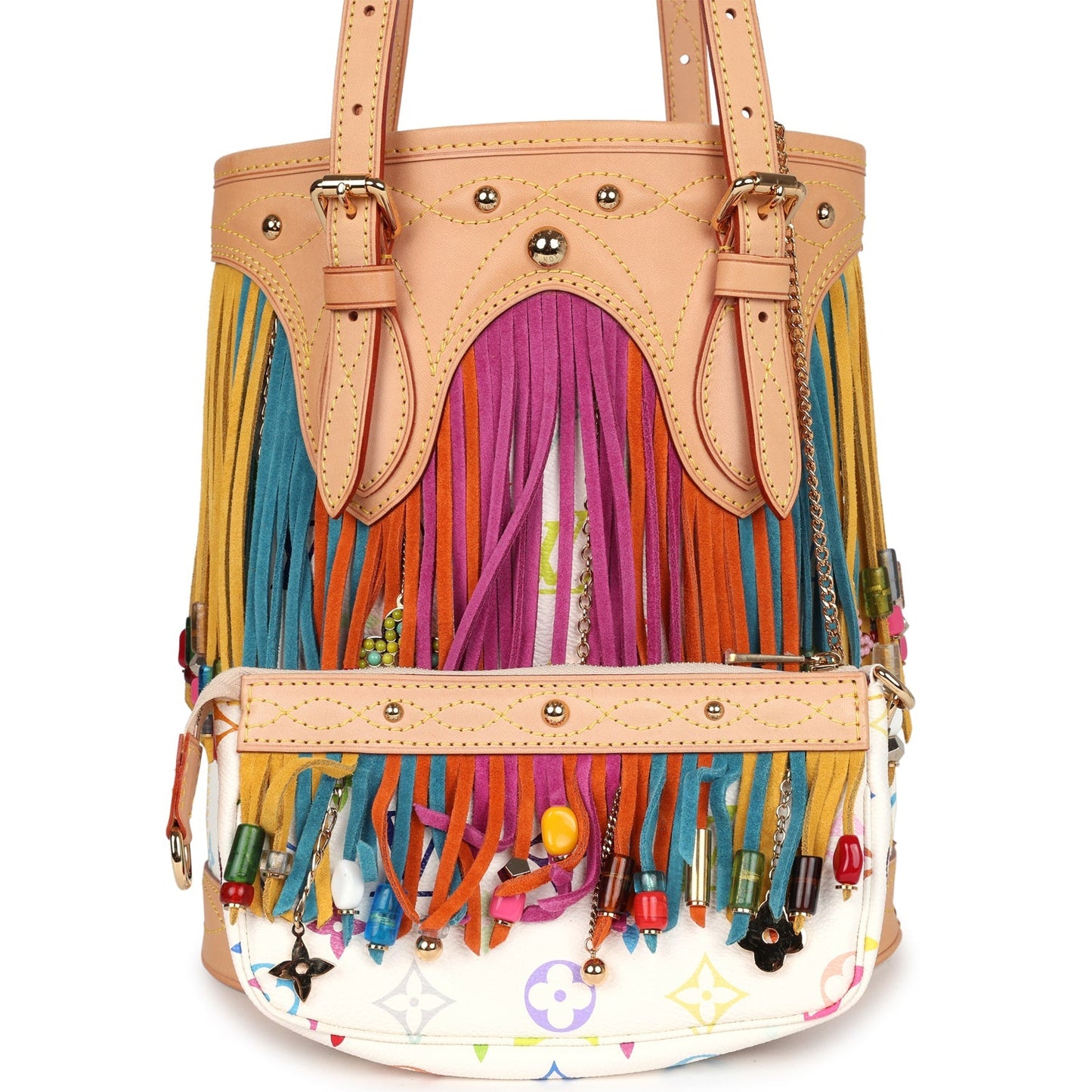 Louis Vuitton Vintage White Multicolor Fringe Bucket Bag