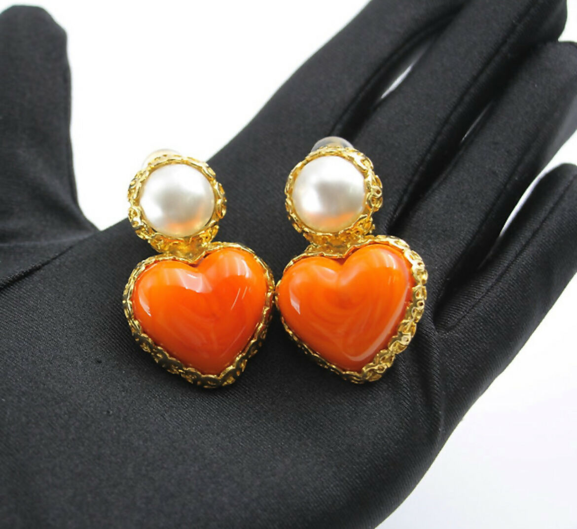 Chanel Vintage 1991 Gripoix Orange Heart Imitation Pearl Clip-on Earrings