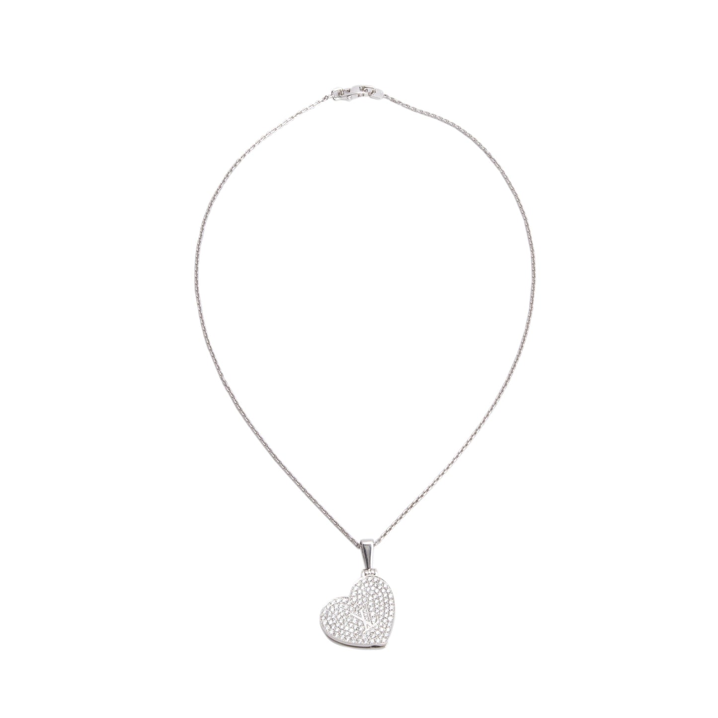 Louis Vuitton 18k White Gold Pave Diamond Heart Locket Pendant Necklace