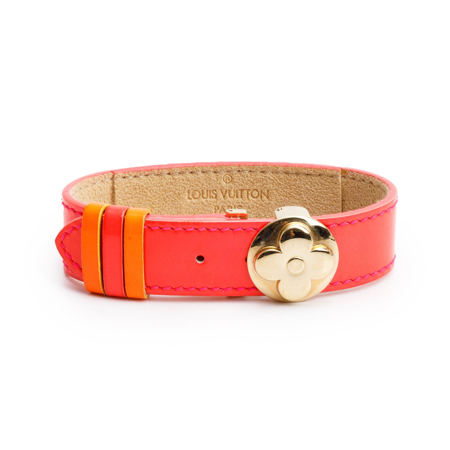 Louis Vuitton Gold Plated Pink Vernis Leather Wish Bracelet