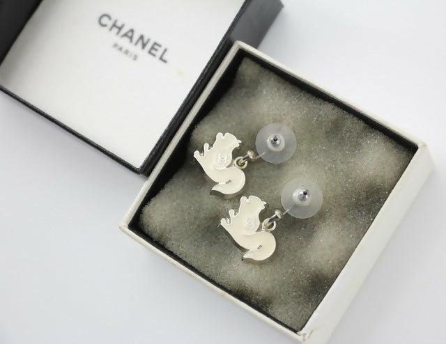 Chanel Vintage 03P & 05A Enamel White Squirrel Earrings