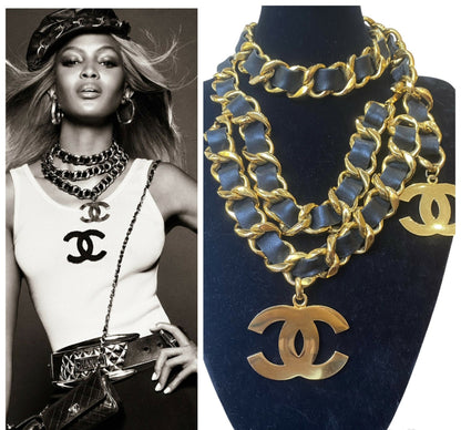 Iconic Vintage Chanel 93P Jumbo Gold Chain CC Logo Black Leather Belt Necklace